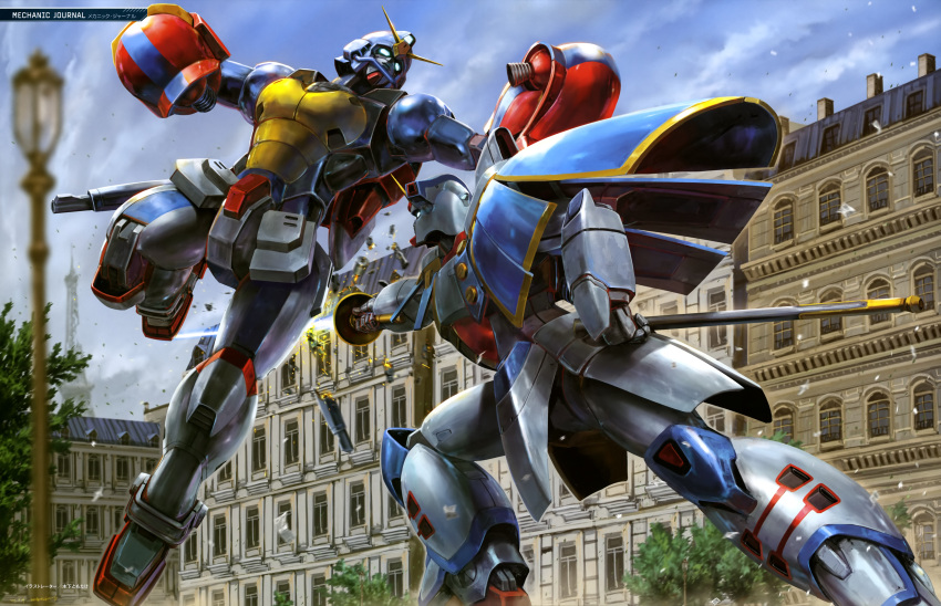 absurdres attack battle beam_saber blue_eyes blue_sky building cloud cloudy_sky day eiffel_tower g_gundam glowing glowing_eyes gundam gundam_maxter gundam_rose highres holding holding_sword holding_weapon jumping kinoshita_tomotake lamppost mecha mecha_focus no_humans outdoors robot science_fiction signature sky sparks super_robot sword thrusters tree v-fin weapon