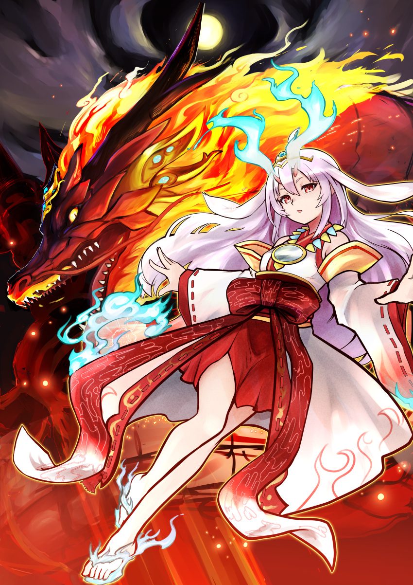 1girl absurdres aqua_fire bare_shoulders blue_fire bow breasts detached_sleeves dragon duel_monster fiery_horns fire flaming_horns hair_between_eyes hair_ornament highres horns japanese_clothes kimono kurikara_divincarnate long_hair long_sleeves mirror red_eyes sleeveless sleeveless_kimono small_breasts solo tora_(oyabaka_tora) white_hair wide_sleeves yu-gi-oh!