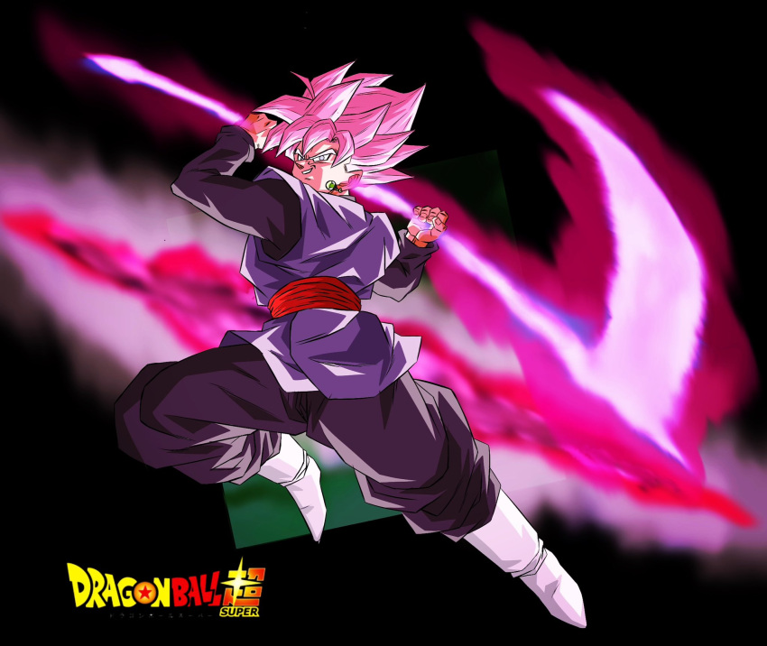 1boy black_pants black_shirt copyright_name dougi dragon_ball dragon_ball_super earrings energy_blade energy_weapon evil_smile full_body goku_black highres holding holding_scythe holding_weapon incoming_attack jewelry long_sleeves looking_at_viewer male_focus oharu2000 pants pink_eyes pink_hair potara_earrings red_sash sash scythe shirt smile solo spiked_hair super_saiyan super_saiyan_rose weapon white_footwear