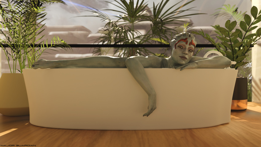 16:9 2024 3d_(artwork) 4k absurd_res alien alien_humanoid asari bath bathing bathtub blue_body blue_skin digital_media_(artwork) eyelashes feet female hi_res humanoid looking_at_viewer major_guardian mass_effect not_furry plant plant_pot potted_plant samara solo widescreen