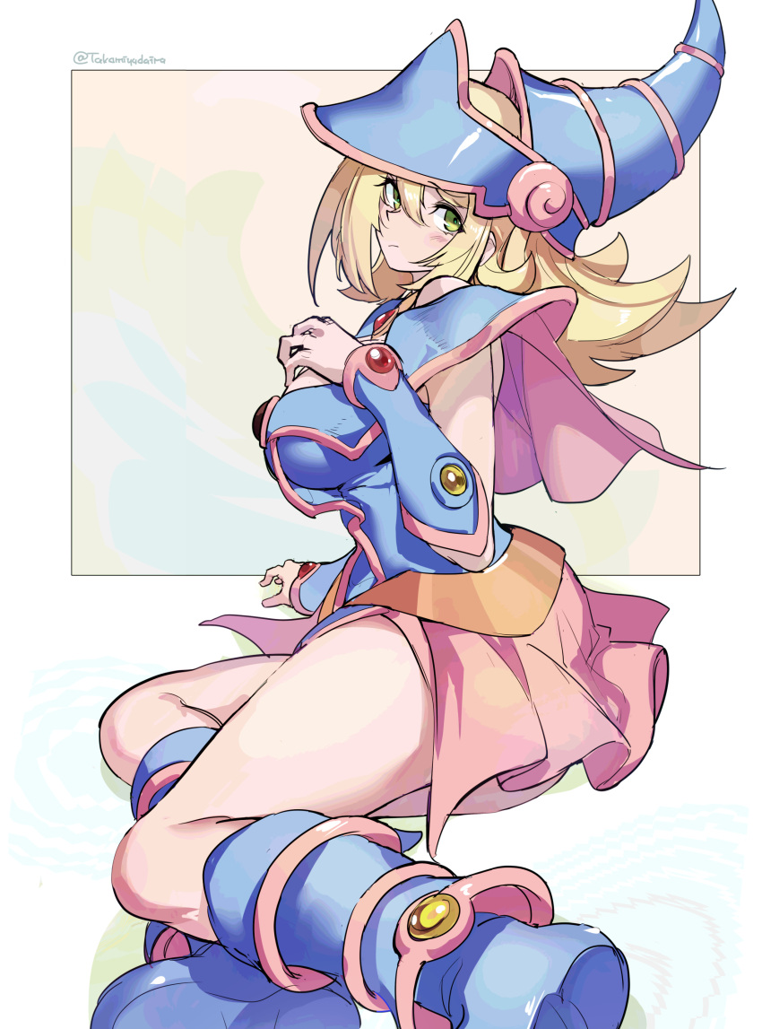 1girl absurdres bare_shoulders blonde_hair blue_footwear blue_headwear blush_stickers boots breasts choker cleavage dark_magician_girl duel_monster green_eyes hair_between_eyes hat highres huanxiang_huifeng large_breasts long_hair looking_at_viewer solo wizard_hat yu-gi-oh! yu-gi-oh!_duel_monsters