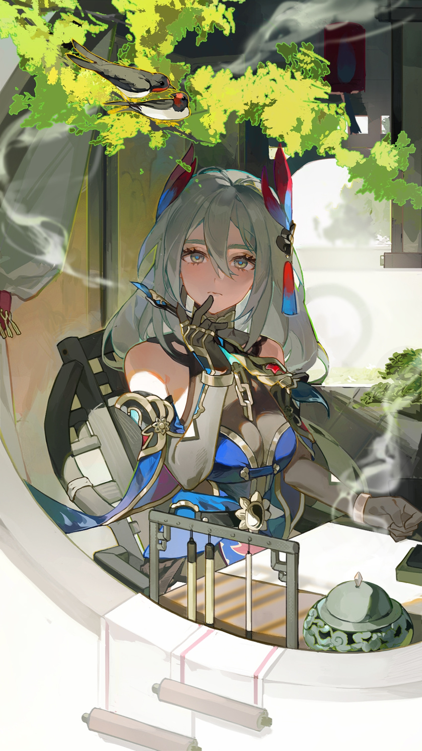 1girl bare_shoulders bird black_gloves blue_dress blue_pupils blue_sleeves bracelet branch censer chair chinese_clothes closed_mouth commentary_request curtains detached_sleeves dress gloves grey_eyes grey_hair hand_up hanya_(honkai:_star_rail) highres holding holding_brush holding_paintbrush honkai:_star_rail honkai_(series) insignificance jewelry long_hair looking_at_viewer paintbrush sitting sleeveless sleeveless_dress solo table tassel upper_body