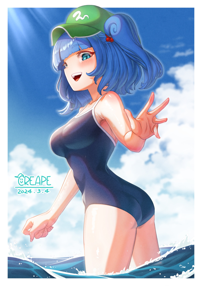 1girl artist_name ass bare_shoulders blue_eyes blue_hair blue_one-piece_swimsuit blue_sky blush breasts creape dated flat_cap green_headwear hair_bobbles hair_ornament hat highres kawashiro_nitori looking_at_viewer looking_back one-piece_swimsuit open_mouth school_swimsuit short_hair sky small_breasts smile solo sunlight swimsuit touhou two_side_up wading water