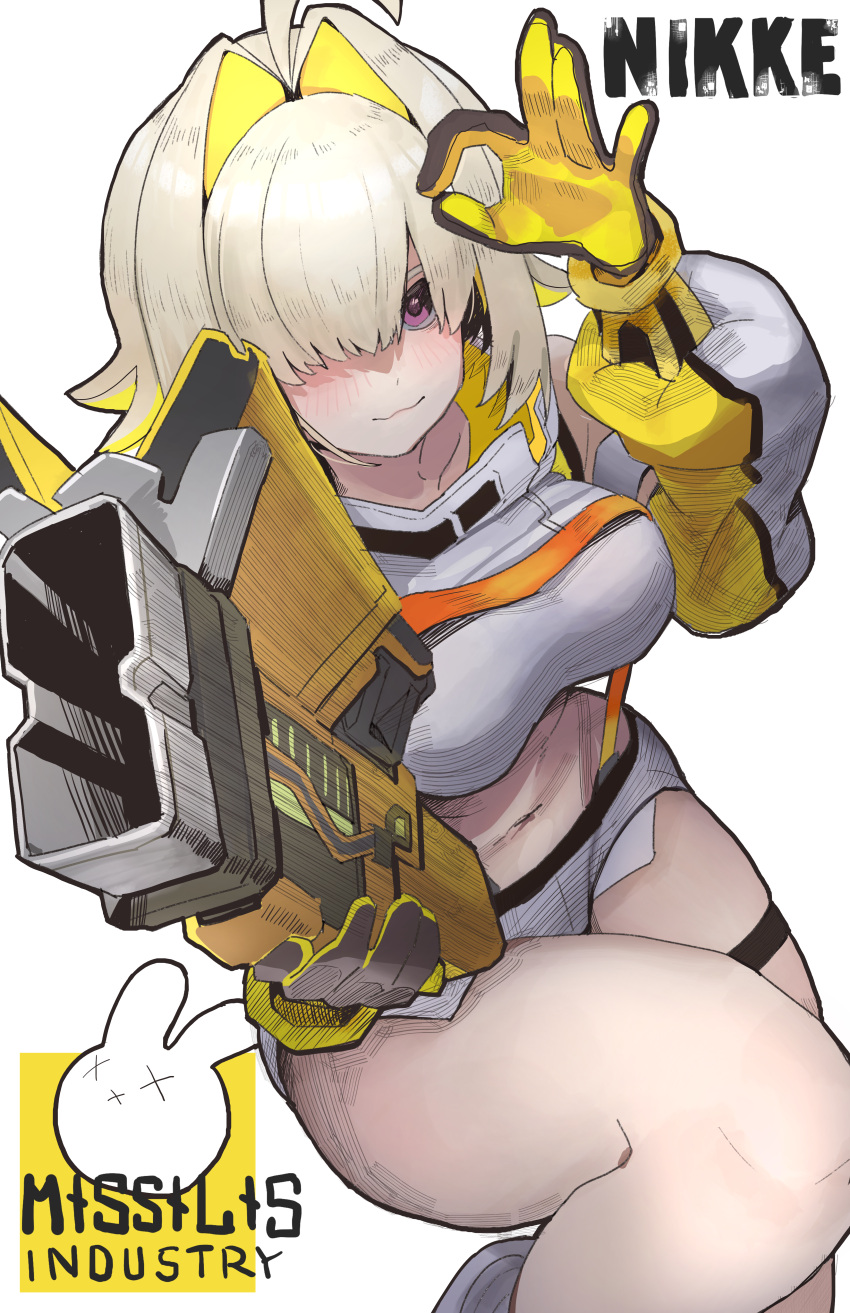 1girl absurdres ahoge blonde_hair blush boomstick_(nikke) breasts collarbone copyright_name detached_sleeves dezi elegg_(nikke) exposed_pocket feet_out_of_frame goddess_of_victory:_nikke gun hair_intakes hair_over_one_eye highres holding holding_gun holding_weapon knee_up long_sleeves looking_at_viewer micro_shorts midriff navel ok_sign parted_bangs purple_eyes short_hair shorts simple_background solo suspenders thigh_strap thighs two-tone_gloves weapon white_background