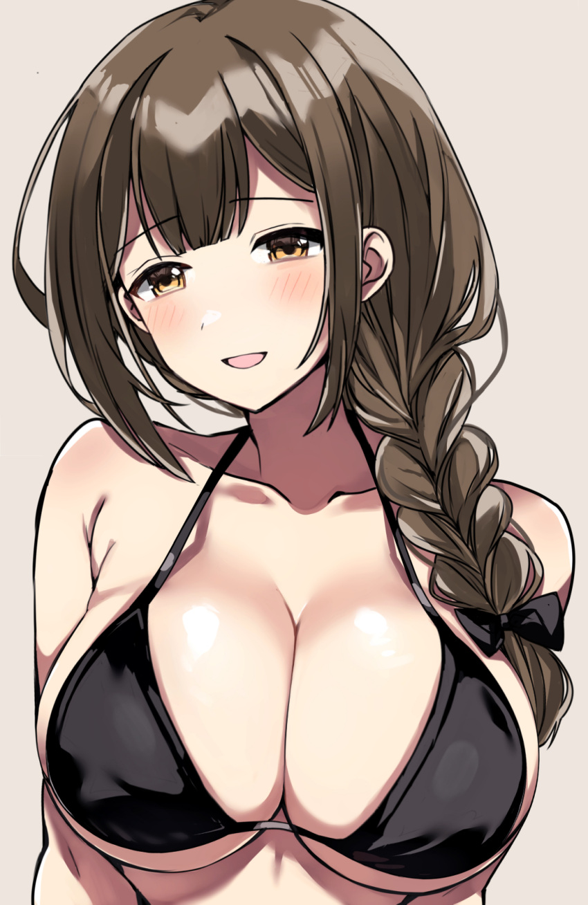 1girl armpit_crease arms_at_sides bare_arms bare_shoulders bikini black_bikini black_bow blunt_bangs blush bow braid braided_ponytail breasts brown_background brown_hair cleavage collarbone commentary hair_bow hair_over_shoulder halterneck highres idolmaster idolmaster_shiny_colors kuwayama_chiyuki large_breasts long_hair looking_at_viewer low_ponytail parted_lips raised_eyebrows simple_background single_braid smile solo swimsuit upper_body urabanasimati yellow_eyes