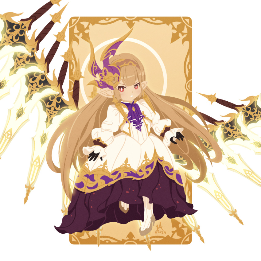 1girl ascot black_gloves brown_hair dress earrings energy_sword flying flying_sword gloves gold_earrings granblue_fantasy granblue_fantasy:_relink hair_ornament highres jewelry lightklok long_hair maglielle_(granblue_fantasy:_relink) multiple_weapons pointy_ears princess_dress purple_ascot purple_ribbon red_eyes ribbon sword weapon white_background white_dress