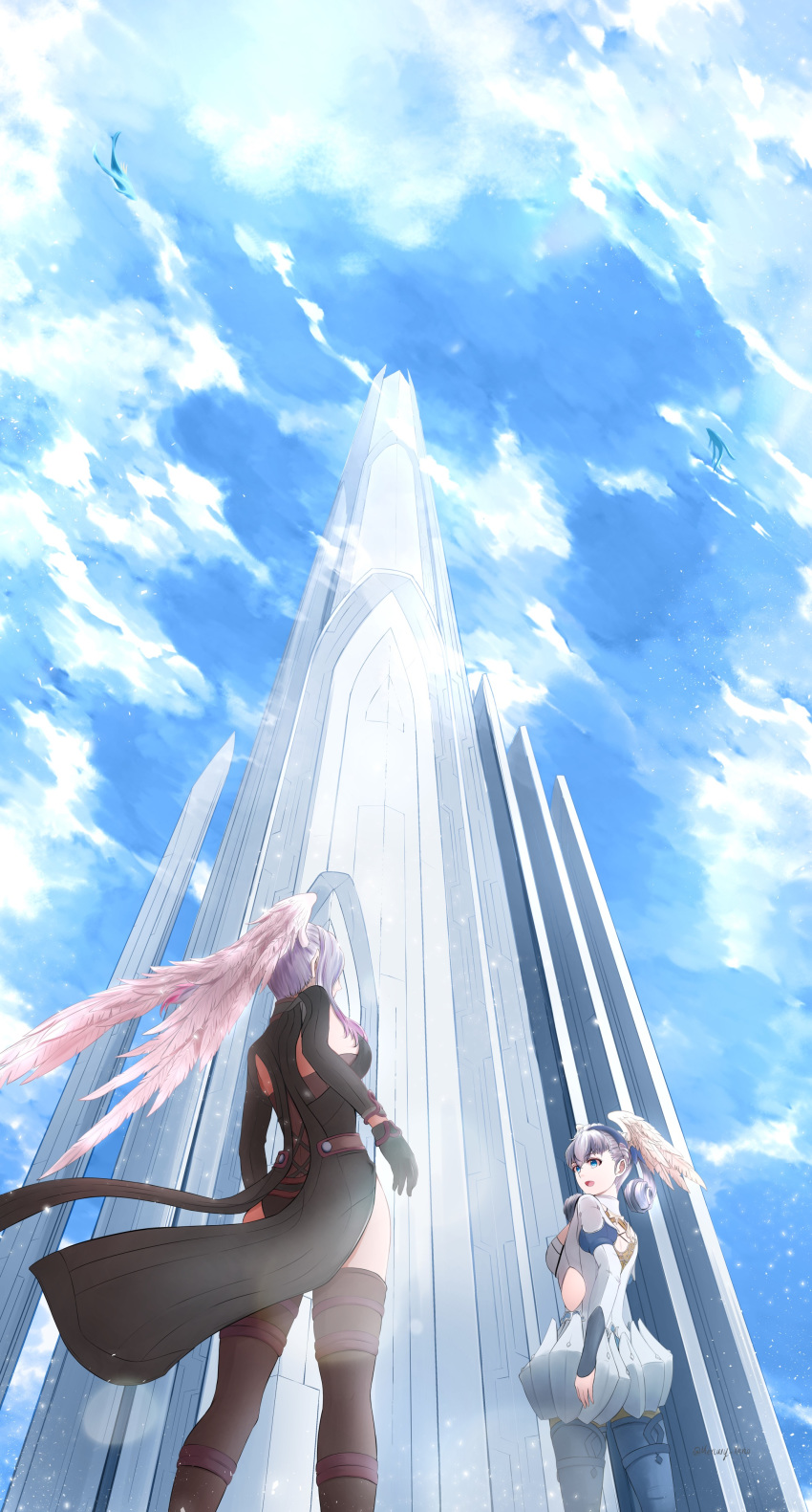 2girls absurdres bangs black_dress blue_eyes blue_sky cloud commentary_request dress from_below head_wings highres looking_at_another melia_antiqua mercury_xeno multiple_girls open_mouth purple_hair short_dress silver_hair sky standing thighhighs thighs tower tyrea_(xenoblade) white_dress xenoblade_chronicles xenoblade_chronicles:_future_connected xenoblade_chronicles_(series)