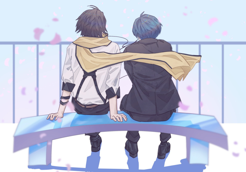 2boys arm_support bench black_footwear black_hair black_jacket black_pants blue_hair blue_sky cherry_blossoms commentary facing_away falling_petals fence from_behind full_body gekkoukan_high_school_uniform highres jacket loafers long_sleeves male_focus mochizuki_ryouji multiple_boys pants persona persona_3 petals scarf school_uniform shared_headphones shirt shoes short_hair sitting sky suspenders tokofu_u white_shirt yellow_scarf yuuki_makoto_(persona_3)