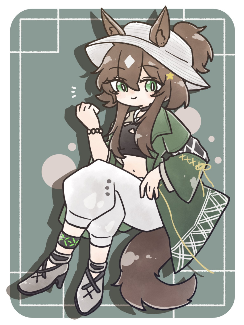 1girl animal_ear_fluff animal_ears arknights blush brown_hair closed_mouth commentary_request crop_top crossed_legs drooling ears_through_headwear full_body green_eyes green_jacket grey_footwear grey_pants hair_between_eyes hair_through_headwear hand_up high_heels highres jacket long_sleeves meteor_(arknights) meteor_(bard's_holiday)_(arknights) midriff navel notice_lines nunnuje_a_u_e open_clothes open_jacket pants ponytail puffy_pants shoes smile solo tail wide_sleeves