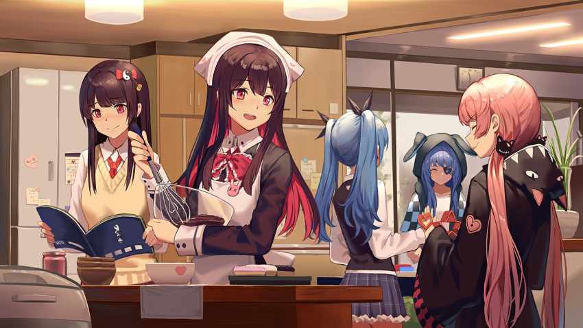 5girls alternate_hair_color animal_ears animal_hood annie_bass apron artist_request beige_sweater_vest black_ribbon black_shirt black_vest blue_hair blue_skirt blush book bow bowl brown_hair brown_kimono bunny bunny_ears bunny_pin cabinet cat_hair_ornament cat_hood checkered_sleeves chef_hat chocolate clock closed_eyes collared_shirt colored_inner_hair cookbook cookie cookie_cutter cooking cuffs doughnut elluka_(witch's_weapon) eyebrows_visible_through_hair eyepatch food frilled_bow frills game_cg hair_between_eyes hair_bow hair_ornament hanging_light hat heart heart_eyepatch hime_cut holding holding_book holding_bowl holding_whisk hood hoodie japanese_clothes jar kimono kiriyu_(witch's_weapon) kitchen light_blue_hair lights long_hair low_twintails miniskirt multicolored_hair multiple_girls napkin necktie open_mouth pink_hair plant pleated_skirt raglan_sleeves red_bow red_eyes red_neckwear refrigerator ren_(witch's_weapon) ribbon rice_cooker school_uniform shadow shirt skirt sliding_doors smile smirk sticky_note sweater_vest table thighs twintails vase very_long_hair vest wall_clock whisk white_shirt window witch's_weapon yin_yang