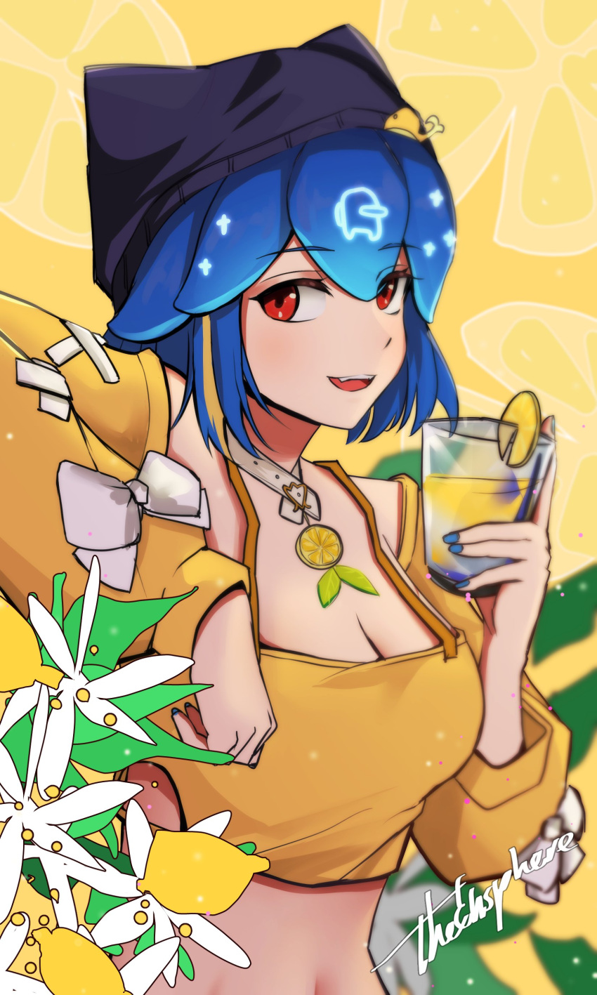 1girl absurdres among_us artist_name bao_(vtuber) bao_(vtuber)_(5th_costume) beanie black_headwear blue_hair blue_nails bow breasts choker cleavage crewmate_(among_us) cropped_shirt cup food fruit hair_ornament hat highres holding holding_cup indie_virtual_youtuber lemon lemon_slice lemonade long_sleeves looking_to_the_side medium_breasts midriff multicolored_hair navel open_mouth orange_hair orange_shirt red_eyes shirt short_hair sleeves_past_wrists smile solo streaked_hair the_ensphere virtual_youtuber whale_hair_ornament white_bow white_choker