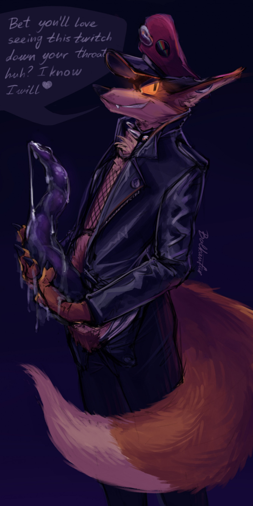 absurd_res anthro balkanfur big_penis bodily_fluids bottomwear canid canine clothed clothing cum dark_penis darkened_genitalia darkened_penis dialogue english_text fluffy fluffy_tail fox fur genital_fluids genitals hi_res hickory holding_penis jacket leather leather_clothing leather_jacket leather_topwear looking_at_viewer male mammal open_bottomwear open_clothing open_pants orange_body orange_eyes orange_fur pants partially_clothed penis precum prehensile_penis simple_background solo solo_focus speech_bubble tail talking_to_viewer tapering_penis text topwear unusual_anatomy unusual_genitalia unusual_penis