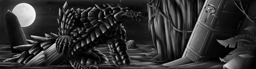 absurd_res anthro big_scales crocodile crocodilian crocodylid erection genitals greyscale hi_res intimidating jungle light male monochrome moon moonlight muscular muscular_anthro muscular_male night penis reptile ribbed_penis ruins scales scalie scary softailfox solo spiked_tail spikes spikes_(anatomy) swamp teeth water