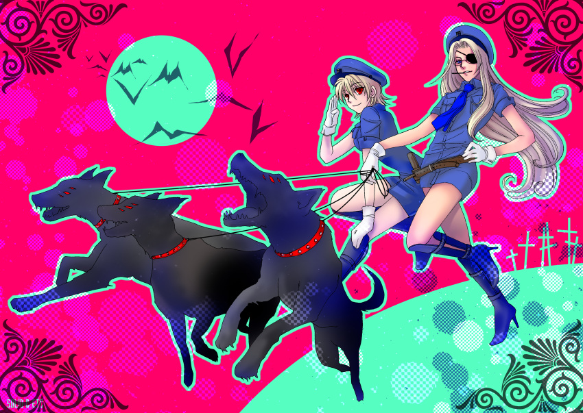 2girls absurdres animal_collar artist_name blonde_hair blue_dress blue_eyes blue_necktie breast_pocket breasts cigarette collar cross dog dress eyepatch flat_chest glasses gloves hand_on_own_hip hat hellsing high_heels highres holding holding_leash integra_hellsing large_breasts leash long_hair medium_hair multiple_girls necktie pocket police_hat red_eyes salute seras_victoria shin_guards short_dress simple_bat smoking toshimichi_yukari very_long_hair white_gloves