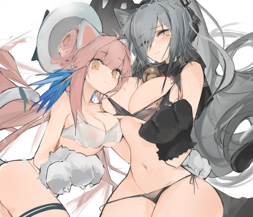 2girls ahoge alternate_costume animal_ears areola_slip areolae arknights bell bikini biting biting_clothes black_bikini blush breasts cat_ears cat_tail ceylon_(arknights) cleavage closed_mouth commentary cowboy_shot eyebrows_visible_through_hair eyes_visible_through_hair fake_animal_ears fake_tail gloves groin hair_between_eyes hair_over_one_eye hat large_breasts long_hair looking_at_viewer medium_breasts midriff mikojin multiple_girls navel orange_eyes paw_gloves paws pink_hair pubic_hair pubic_hair_peek schwarz_(arknights) side-tie_bikini silver_hair simple_background swimsuit tail thigh_strap thighs torn_clothes white_background white_bikini white_headwear yellow_eyes