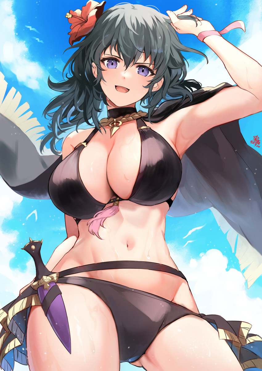 1girl arm_up bikini black_bikini blue_eyes blue_hair blue_sky breasts byleth_(female)_(fire_emblem) byleth_(female)_(summer)_(fire_emblem) byleth_(fire_emblem) cleavage cloud dagger fire_emblem fire_emblem:_three_houses fire_emblem_heroes flower hair_flower hair_ornament highres knife large_breasts nakabayashi_zun official_alternate_costume open_mouth revision sheath sheathed sky solo swimsuit weapon