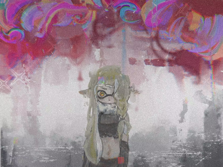 1girl agent_3_(splatoon_3) arm_warmers asymmetrical_hair black_arm_warmers black_shirt blonde_hair braid earpiece film_grain fuzzy_ooze hair_over_one_eye highres inkling_girl inkling_player_character long_hair looking_at_viewer navel pointy_ears red_eyes shirt solo splatoon_(series) splatoon_3 straight-on tentacle_hair thenintlichen96 torn_clothes torn_shirt two-tone_eyes yellow_eyes