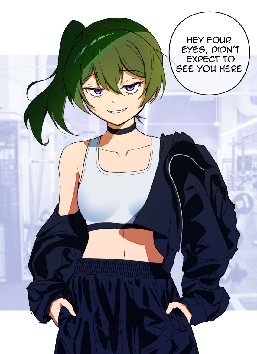 1girl absurdres black_choker black_jacket black_pants choker commentary contemporary english_commentary english_text fukaikiri green_hair grin gym highres jacket looking_at_viewer midriff navel off_shoulder open_clothes open_jacket pants parted_lips purple_eyes side_ponytail smile solo sousou_no_frieren speech_bubble sports_bra ubel_(sousou_no_frieren) white_sports_bra