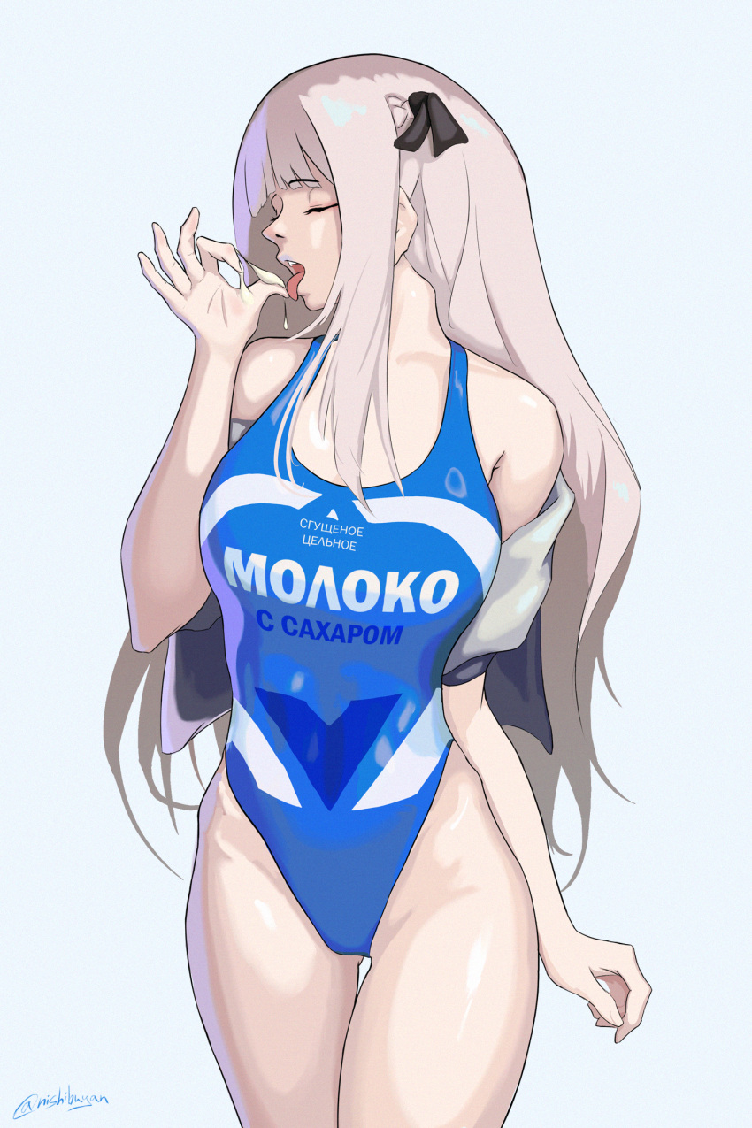 ak-12_(girls'_frontline) braid breasts closed_eyes condensed_milk feet_out_of_frame french_braid girls'_frontline grey_hair hair_ribbon highres nishibuya one-piece_swimsuit ribbon russian_text swimsuit