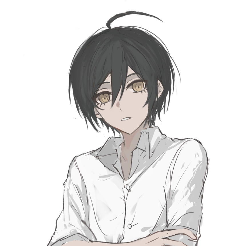 1boy ahoge black_hair brown_eyes collared_shirt danganronpa_(series) danganronpa_v3:_killing_harmony dress_shirt fu_ga_(vivi912912) grey_shirt hair_between_eyes highres looking_at_viewer male_focus saihara_shuichi shirt solo teeth