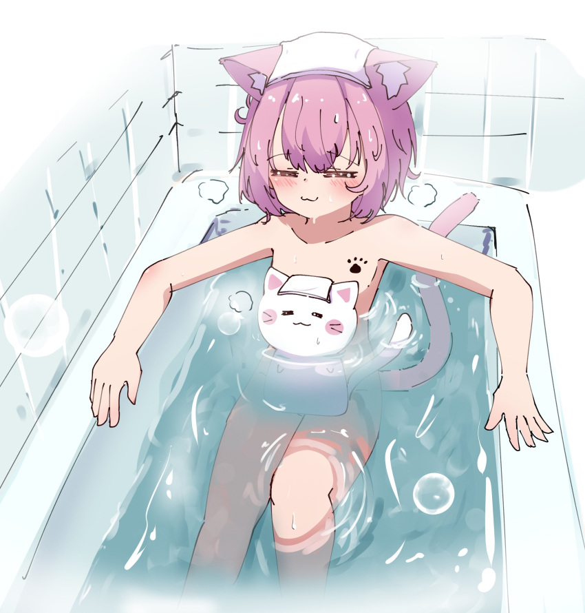 1girl :3 =_= absurdres animal_ear_fluff animal_ears bathing bathtub breasts cat_ears cat_girl cat_tail closed_eyes completely_nude highres indie_virtual_youtuber mikeneko_(vtuber) milk_tea_1993 nude partially_submerged pink_hair short_hair small_breasts steam tail virtual_youtuber water