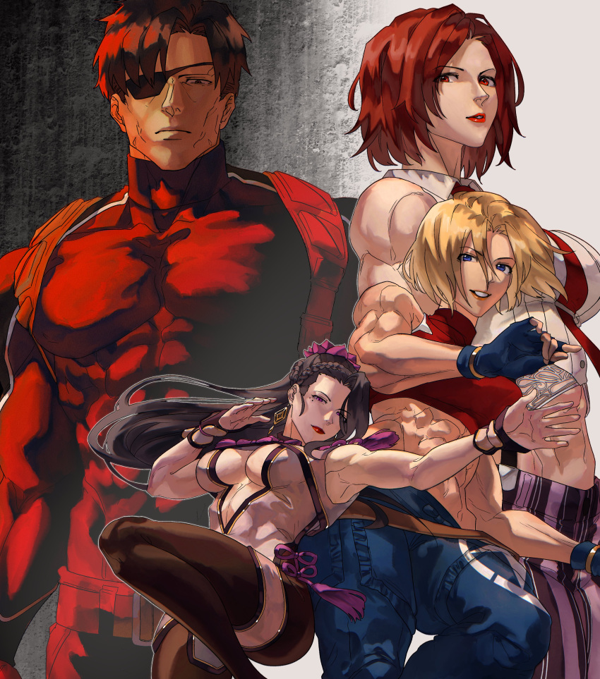 1boy 3girls abs absurdres black_hair blonde_hair blue_mary crop_top group_picture heidern highres long_hair looking_at_viewer luong multiple_girls muscular muscular_female red_hair red_tie short_hair syachiiro the_king_of_fighters the_king_of_fighters_xv vanessa_(kof) vietnamese_clothes