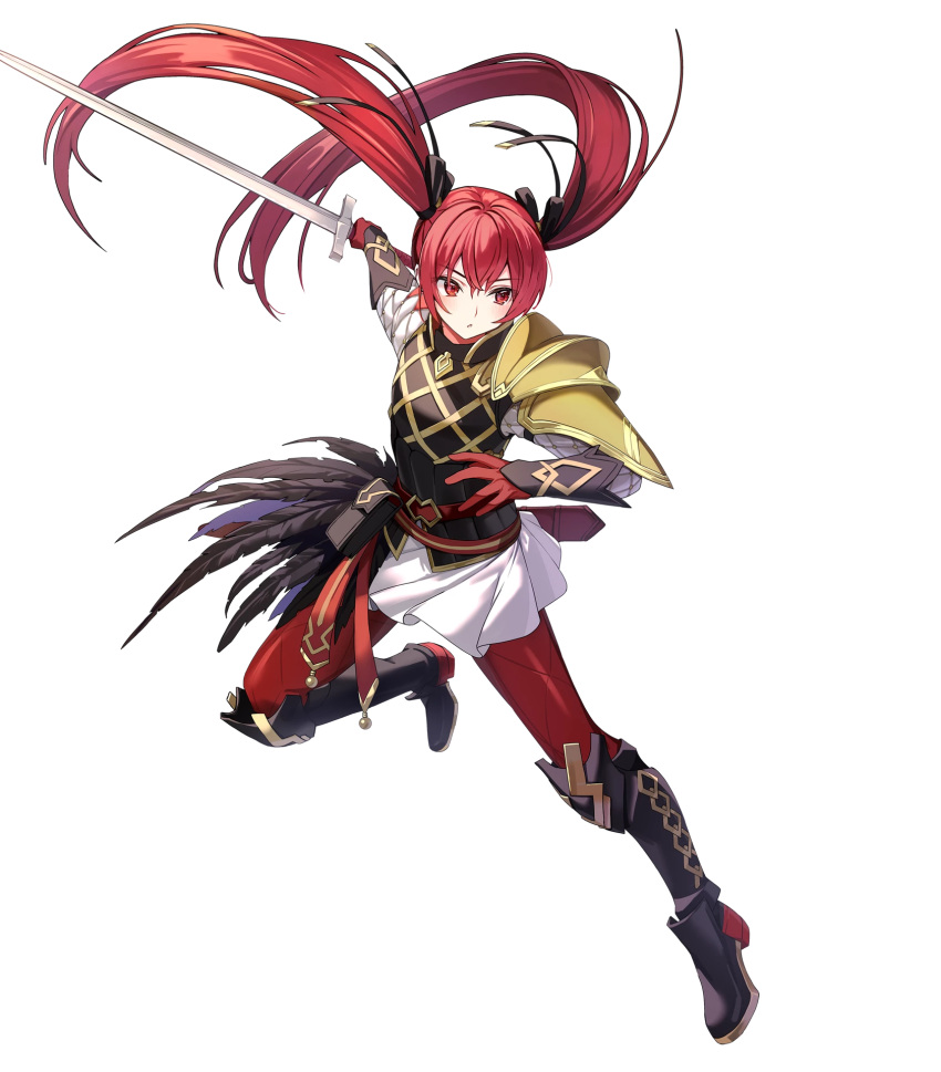 1girl armor attack boots english_commentary fire_emblem fire_emblem_fates fire_emblem_heroes gambeson gloves hair_ribbon highres holding holding_sword holding_weapon leg_up leggings long_hair non-web_source official_art open_mouth red_eyes red_hair red_leggings ribbon selena_(fire_emblem_fates) selena_(resplendent)_(fire_emblem_fates) solo sword twintails v-shaped_eyebrows very_long_hair weapon