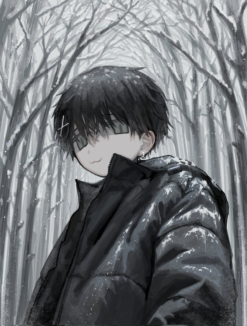 1boy :3 bare_tree black_hair black_jacket closed_mouth ear_piercing forest giv_81 grey_eyes hair_between_eyes hair_ornament hairclip highres jacket long_sleeves looking_at_viewer male_focus nature open_clothes open_jacket original outdoors piercing snow solo tree upper_body