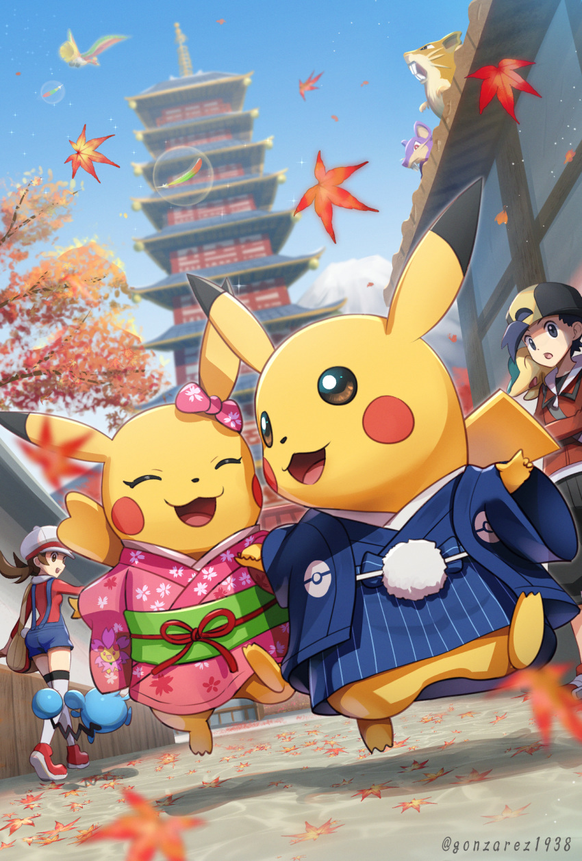 1boy 1girl :3 :d :o autumn_leaves backwards_hat bag baseball_cap black_hair black_pants blue_kimono blue_overalls blurry bow breasts brown_hair buck_teeth character_print cherrim cherrim_(sunshine) closed_eyes clothed_pokemon commentary_request cyndaquil day depth_of_field ecruteak_city ethan_(pokemon) falling_leaves feathers floral_print flying gen_1_pokemon gen_2_pokemon gen_4_pokemon gonzarez hair_through_headwear haori happy hat highres ho-oh holding_hands japanese_clothes jumping kimono leaf legendary_pokemon long_sleeves looking_at_another lyra_(pokemon) marill mountain new_year obi open_mouth overalls pagoda pants pikachu pink_bow pink_kimono poke_ball_print pokemon pokemon_(creature) pokemon_(game) pokemon_hgss print_kimono rainbow_wing_(pokemon) raticate rattata red_footwear red_ribbon red_shirt ribbon sash shadow shirt shoes short_hair shoulder_bag small_breasts smile sneakers sparkle standing teeth thighhighs tree twitter_username walking white_headwear white_legwear wide_sleeves