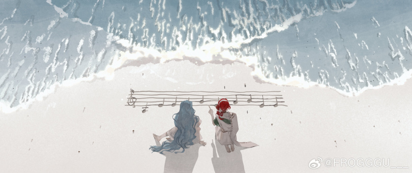 2girls 37_(reverse:1999) ancient_greek_clothes beach blue_hair curly_hair day facing_away frogggu from_above from_behind greco-roman_clothes hair_bun hairband highres long_hair medium_hair multiple_girls musical_note ocean on_ground outdoors pointing quarter_note red_hair reverse:1999 sand sand_writing seiza shadow single_side_bun sitting sophia_(reverse:1999) staff_(music) treble_clef very_long_hair weibo_logo weibo_username white_hairband wide_shot