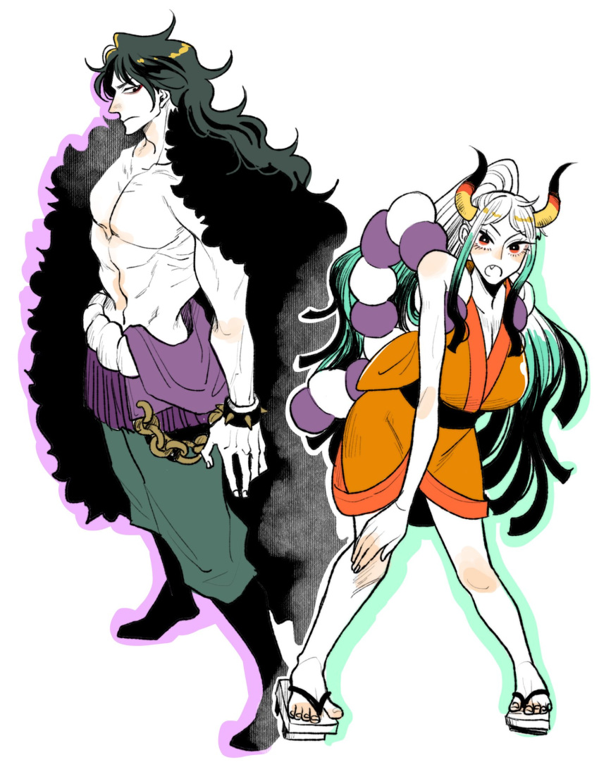 1boy 1girl abs black_eyes black_hair bracelet closed_mouth commentary_request cosplay curled_horns full_body green_hair highres horns jewelry kaidou_(one_piece) kaidou_(one_piece)_(cosplay) kouzuki_oden kouzuki_oden_(cosplay) long_hair ma_000 momonosuke_(one_piece) multicolored_hair multicolored_horns one_piece oni open_mouth simple_background spiked_bracelet spikes topless_male white_background white_hair yamato_(one_piece)