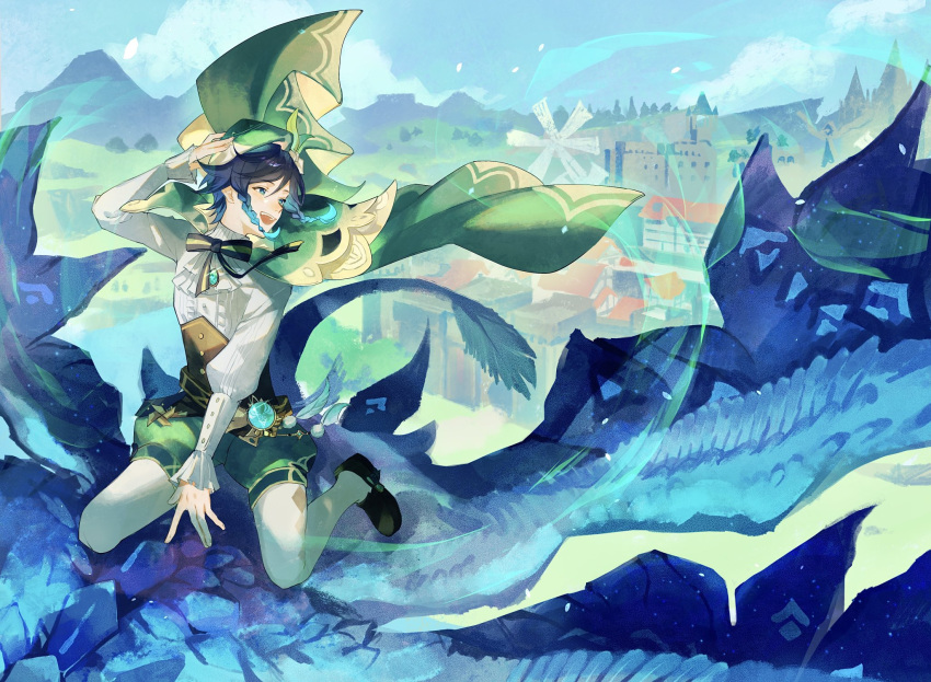 1boy aqua_hair beret black_hair braided_sidelock cape cityscape day dragon dragon_riding dvalin_(genshin_impact) flying genshin_impact gradient_hair green_headwear hat highres kneeling landscape long_sleeves multicolored_hair nature open_mouth outdoors shirt shorts teeth thighhighs upper_teeth_only venti_(genshin_impact) white_shirt white_thighhighs windmill zuu_(kyuudo9)