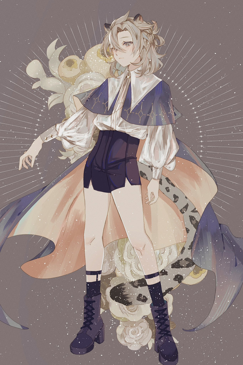 1boy albedo_(genshin_impact) animal_ears bare_legs black_footwear black_shorts black_socks blonde_hair boots cape cat_ears cat_tail full_body genshin_impact grey_background grey_eyes high-waist_shorts high_heel_boots high_heels highres long_sleeves omochichi96 puffy_sleeves shirt shoelaces short_shorts shorts simple_background socks solo standing tail white_shirt