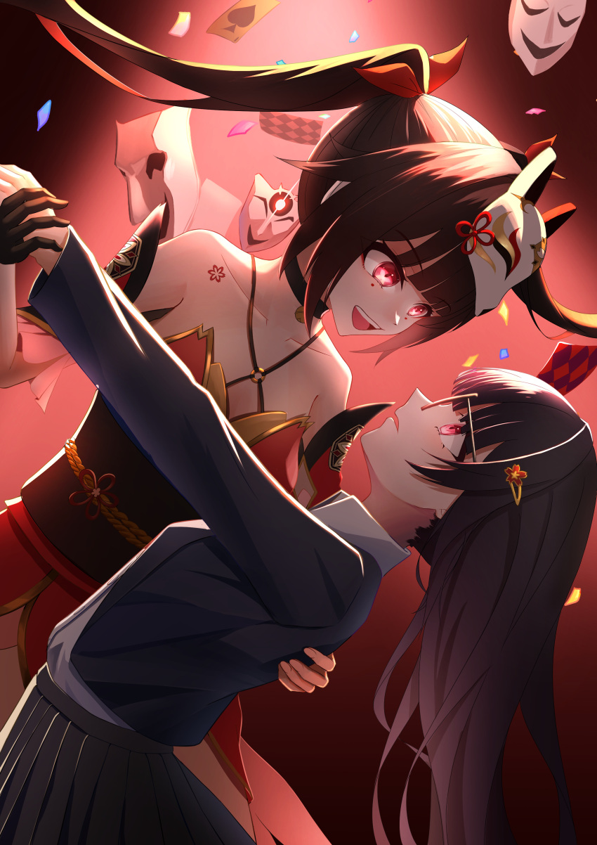 2girls absurdres bell black_choker black_gloves black_jacket black_skirt blazer bow choker collarbone collared_shirt cowboy_shot criss-cross_halter dancing dual_persona eye_contact face-to-face fox_mask from_side glasses gloves gradient_hair hair_bow halterneck highres holding_hands honkai:_star_rail honkai_(series) jacket leaning_back looking_at_another mask mask_on_head mi's_(diprebaxgnkz7qr) multicolored_hair multiple_girls neck_bell o-ring open_clothes open_jacket pink_eyes pleated_skirt red_bow red_hair school_uniform shirt skirt sparkle_(honkai:_star_rail) white_shirt