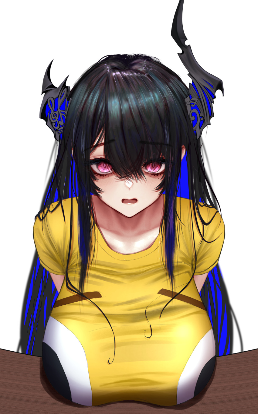 1girl absurdres alternate_breast_size asymmetrical_horns black_hair blue_hair breasts colored_inner_hair demon_horns desk emoji flushed_face_emoji flushed_face_emoji_shirt_(meme) hair_ornament highres hololive hololive_english horns huge_breasts long_hair looking_at_viewer meme mole mole_under_eye multicolored_hair nerissa_ravencroft red_eyes shirt short_sleeves soju_ice solo t-shirt two-tone_hair uneven_horns upper_body very_long_hair virtual_youtuber