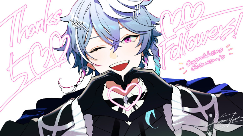 1boy aqua_hair bishounen black_gloves black_ribbon blue_hair braid collared_shirt commentary english_text frilled_sleeves frills gloves gradient_hair hair_between_eyes happy heart heart_hands highres holostars holostars_english kazari_tayu looking_at_viewer male_focus multicolored_hair multiple_braids octavio one_eye_closed open_mouth pink_eyes ribbon shirt short_hair signature smile solo symbol-only_commentary thank_you tri_braids upper_body virtual_youtuber white_background
