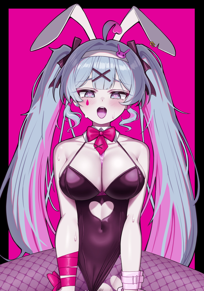 1girl animal_ears black_leotard blue_eyes blue_hair breasts clothing_aside clothing_cutout covered_navel fake_animal_ears female_pubic_hair fishnet_pantyhose fishnets hair_ornament hatsune_miku heart heart-shaped_pupils heart_cutout highres implied_sex large_breasts leotard leotard_aside long_hair looking_at_viewer open_mouth paid_reward_available pantyhose playboy_bunny pubic_hair rabbit_ears rabbit_hole_(vocaloid) rank_alee saliva solo sweat symbol-shaped_pupils teardrop_facial_mark torn_clothes torn_pantyhose twintails very_long_hair vocaloid x_hair_ornament