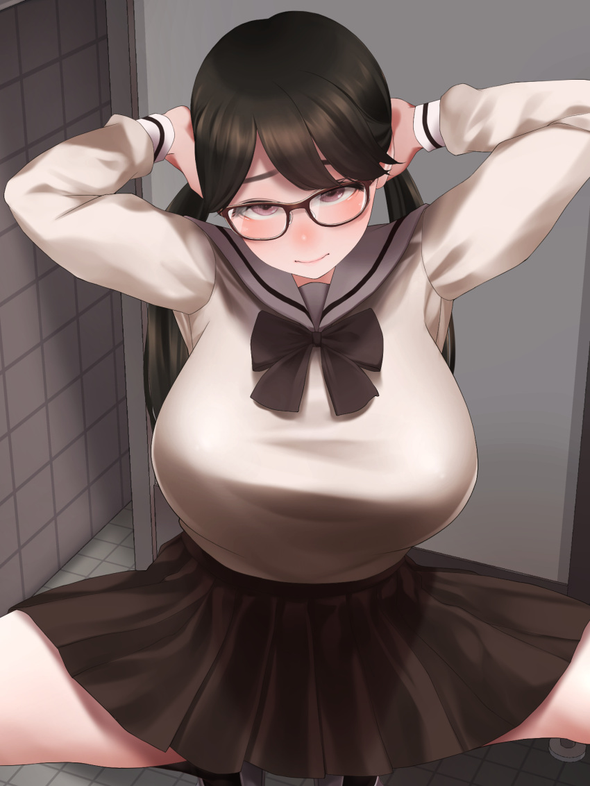 1girl arms_behind_head arms_up black_hair black_neckerchief black_skirt blush breasts brown_eyes closed_mouth glasses grey_sweater highres indoors large_breasts lilim long_hair long_sleeves looking_at_viewer neckerchief original sailor_collar school_uniform serafuku skirt solo squatting sweater tile_wall tiles twintails white_sailor_collar