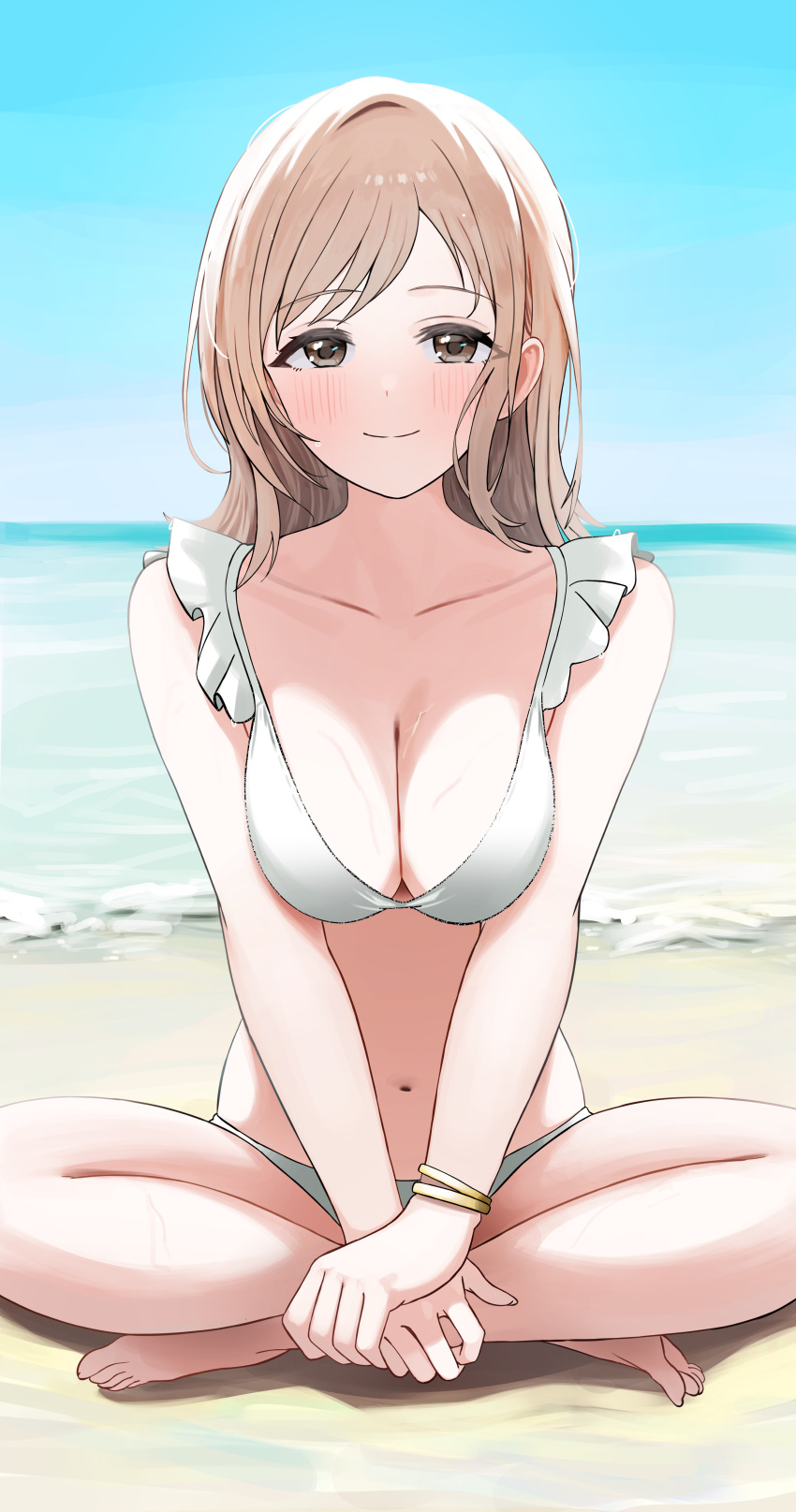 1girl absurdres bare_shoulders barefoot beach bikini blue_sky blush bracelet breasts brown_eyes brown_hair closed_mouth collarbone commentary day highres horizon idolmaster idolmaster_shiny_colors indian_style jewelry large_breasts looking_at_viewer navel ocean outdoors pdal_(pdalhhh) sakuragi_mano sand short_hair sitting sky smile solo swimsuit v_arms white_bikini