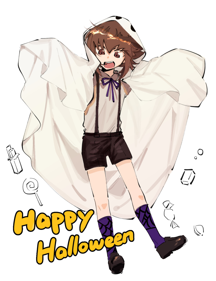 1boy black_shorts brown_eyes brown_hair candy collared_shirt food full_body ghost_costume happy_halloween highres kd_(jichaman1) lollipop male_focus open_mouth purple_ribbon purple_shirt ribbon shirt shorts solo spider_web_print suspenders swirl_lollipop teeth upper_teeth_only white_background white_shirt wrapped_candy yu-gi-oh! yu-gi-oh!_gx yuuki_juudai