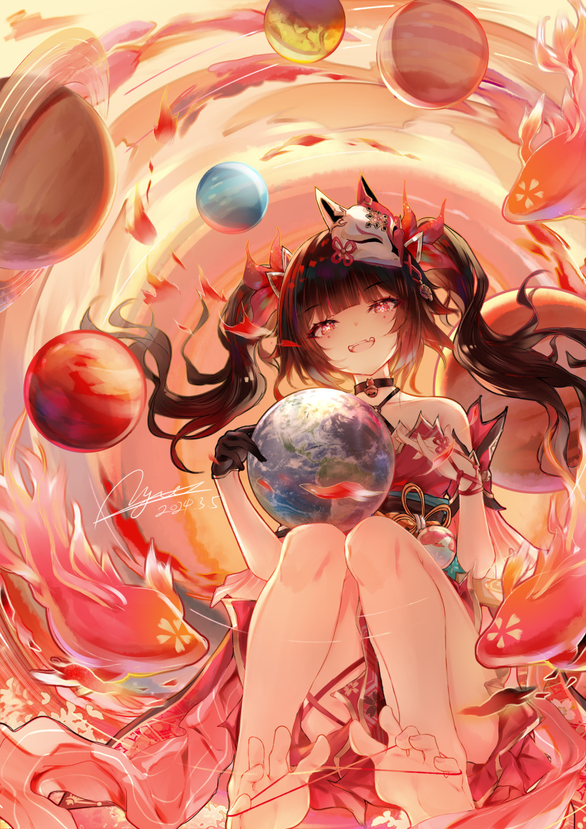 1girl :d bare_shoulders barefoot bell black_choker black_gloves bow brown_hair choker collarbone dated detached_sleeves dress fangs feet fish floating_hair fox_mask full_body globe gloves gradient_hair hair_bow highres honkai:_star_rail honkai_(series) kirituka_yuuka knees_together_feet_apart long_hair looking_at_viewer mask mask_on_head multicolored_hair neck_bell obi open_mouth pelvic_curtain pink_eyes red_bow red_dress red_hair red_sleeves sash short_dress short_sleeves signature single_glove sleeveless sleeveless_dress smile soles solo sparkle_(honkai:_star_rail) string string_of_fate toes twintails
