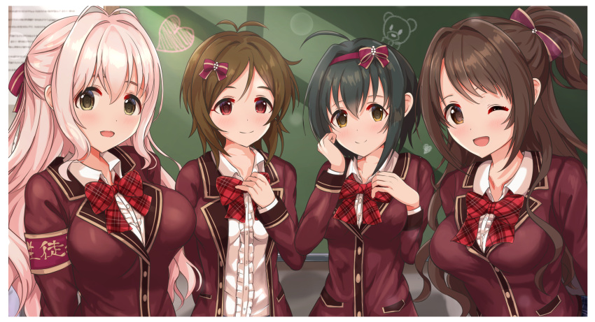 4girls :d ;d ahoge antenna_hair armband black_hair blush border bow bowtie breasts brown_hair chalkboard classroom domyoji_karin doodles glyn070605a half_updo heart highres idolmaster idolmaster_cinderella_girls indoors jacket kohinata_miho large_breasts looking_at_viewer medium_breasts multiple_girls one_eye_closed open_clothes open_jacket pink_hair plaid plaid_bow plaid_bowtie red_armband red_bow red_bowtie saionji_kotoka school_uniform shimamura_uzuki smile upper_body white_border