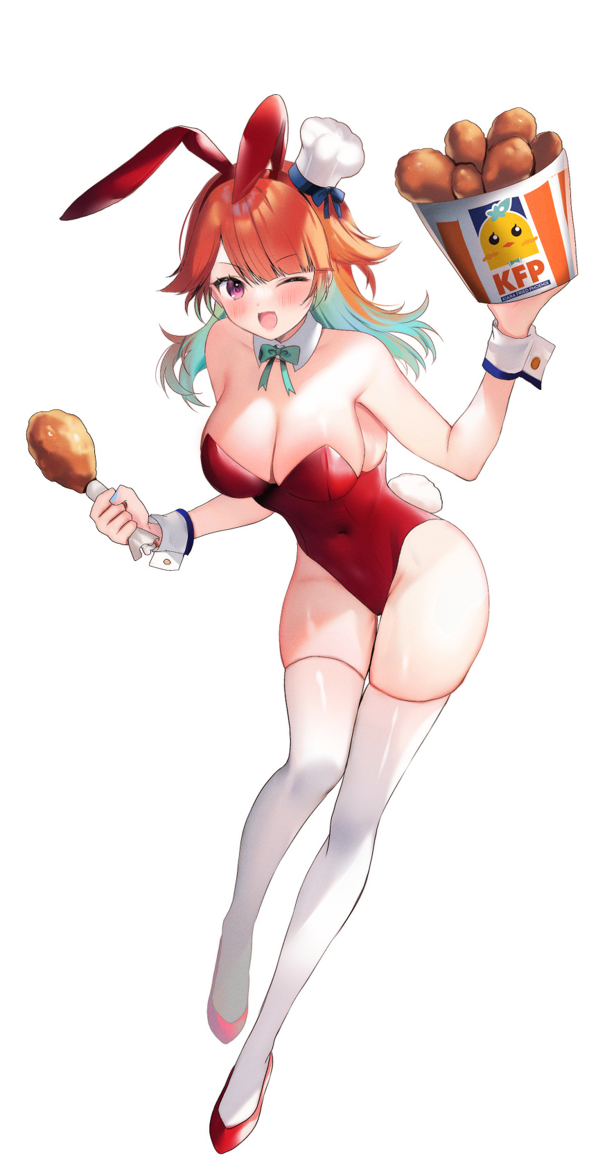 1girl ;d absurdres animal_ears bare_shoulders bow bowtie breasts bucket chef_hat chicken_wing cleavage covered_navel detached_collar fake_animal_ears fake_tail food full_body green_bow green_bowtie green_hair hat highres holding holding_bucket holding_food hololive hololive_english large_breasts leotard looking_at_viewer maru_ccy meat medium_hair mini_hat one_eye_closed open_mouth orange_hair parted_bangs playboy_bunny purple_eyes rabbit_ears rabbit_tail red_footwear red_leotard shoes simple_background smile solo standing tail takanashi_kiara thighhighs virtual_youtuber white_background white_thighhighs