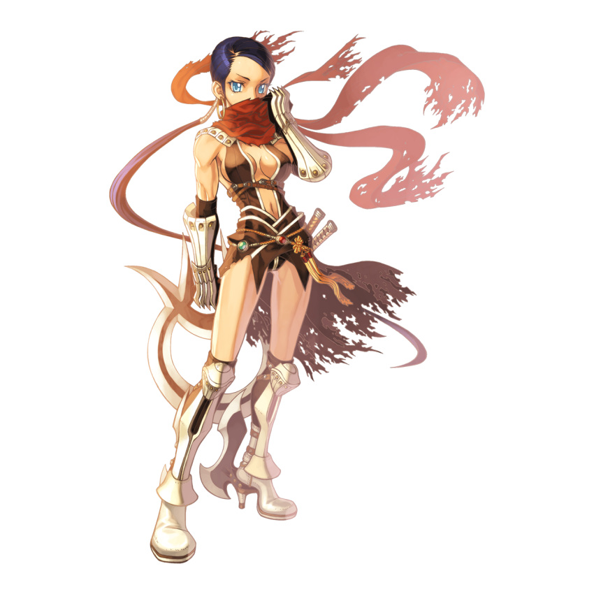 1girl 2000s_(style) adjusting_scarf armor armored_boots assassin_cross_(ragnarok_online) black_cape black_gloves black_hair blue_eyes boots breasts brown_leotard cape dagger earrings elbow_gloves full_body gloves highres holding holding_dagger holding_knife holding_weapon hoop_earrings jamadhar jewelry knife leotard looking_at_viewer medium_breasts myung-jin_lee navel official_art pauldrons ragnarok_online red_scarf revealing_clothes scarf short_hair shoulder_armor simple_background solo standing swept_bangs tachi-e torn_clothes torn_scarf transparent_background vambraces waist_cape weapon