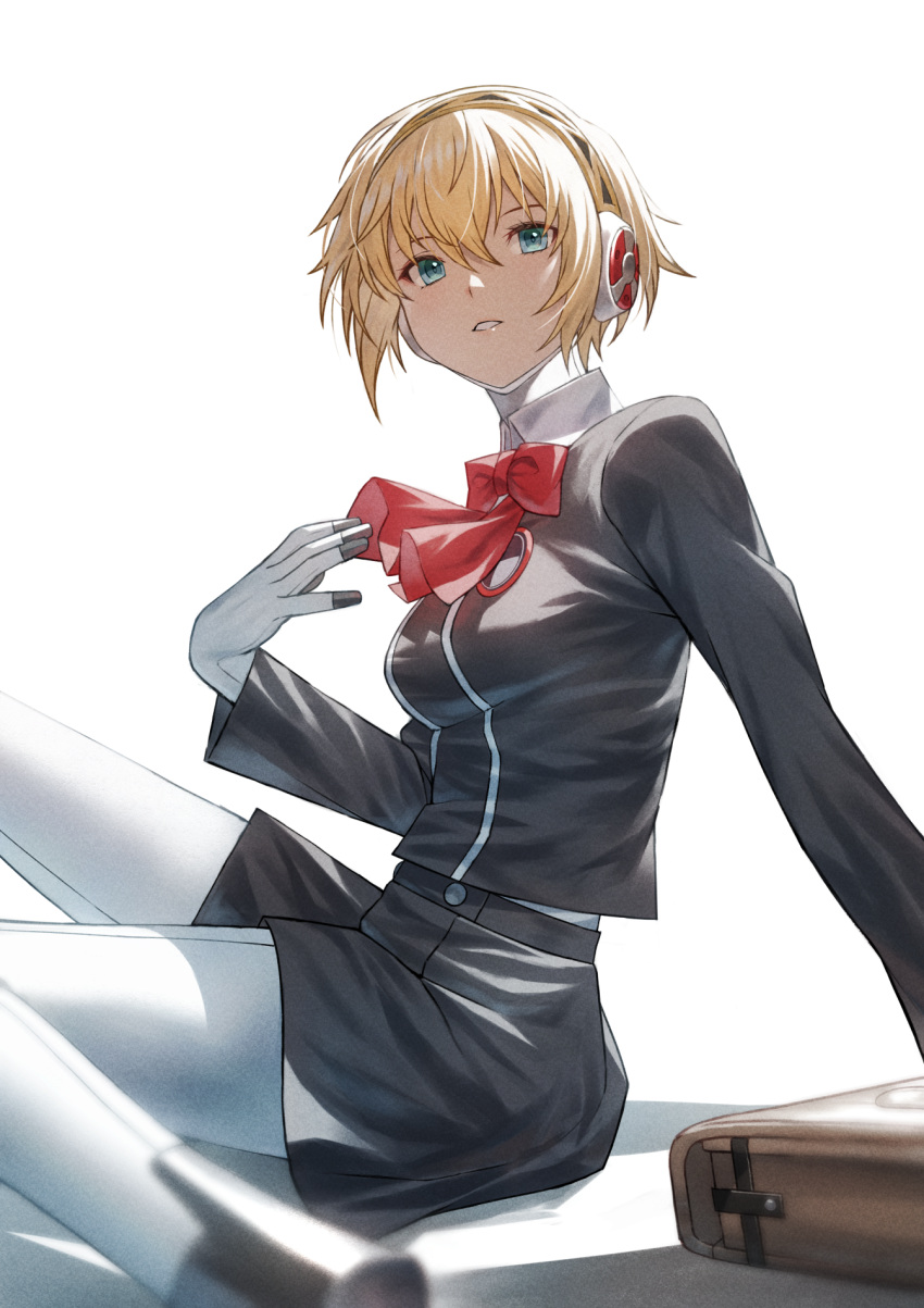 1girl aegis_(persona) android blonde_hair blue_eyes bow bowtie fagi_(kakikaki) gekkoukan_high_school_uniform hair_between_eyes hand_on_own_chest highres looking_at_viewer mechanical_legs parted_lips persona persona_3 red_bow red_bowtie robot_ears school_uniform short_hair sitting skirt solo white_background