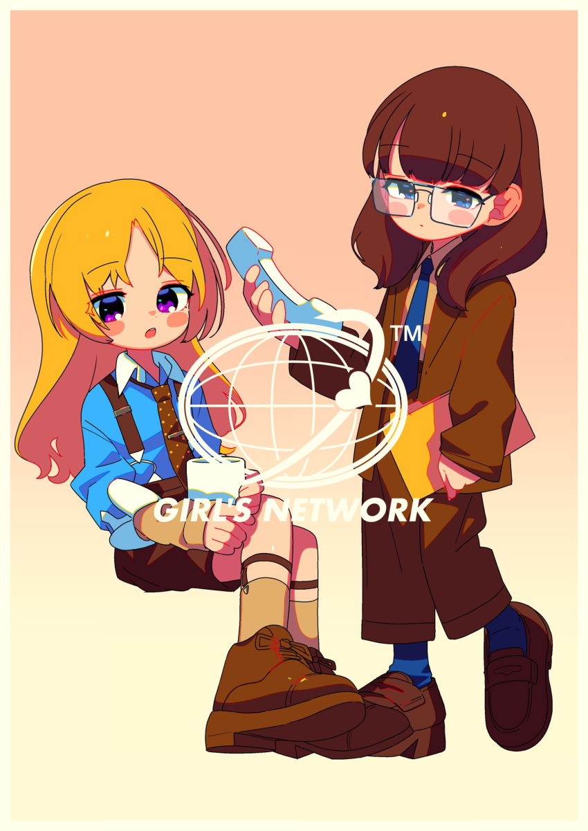 2girls bespectacled blonde_hair brown_footwear brown_hair brown_jacket commentary cup english_text full_body glasses highres holding holding_cup idolmaster idolmaster_cinderella_girls jacket kiryu_tsukasa_(idolmaster) logo looking_at_viewer moai_(more_e_4km) multiple_girls rectangular_eyewear sakuma_mayu shorts simple_background suspender_shorts suspenders