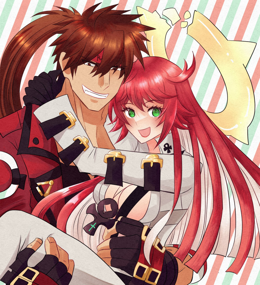abs ankh bodysuit breasts broken_halo brown_hair compass_rose_halo couple gloves green_eyes guilty_gear guilty_gear_strive halo highres hug husband_and_wife jack-o'_valentine jacket looking_at_viewer pectorals red_hair smile sol_badguy ume_(okum_00)