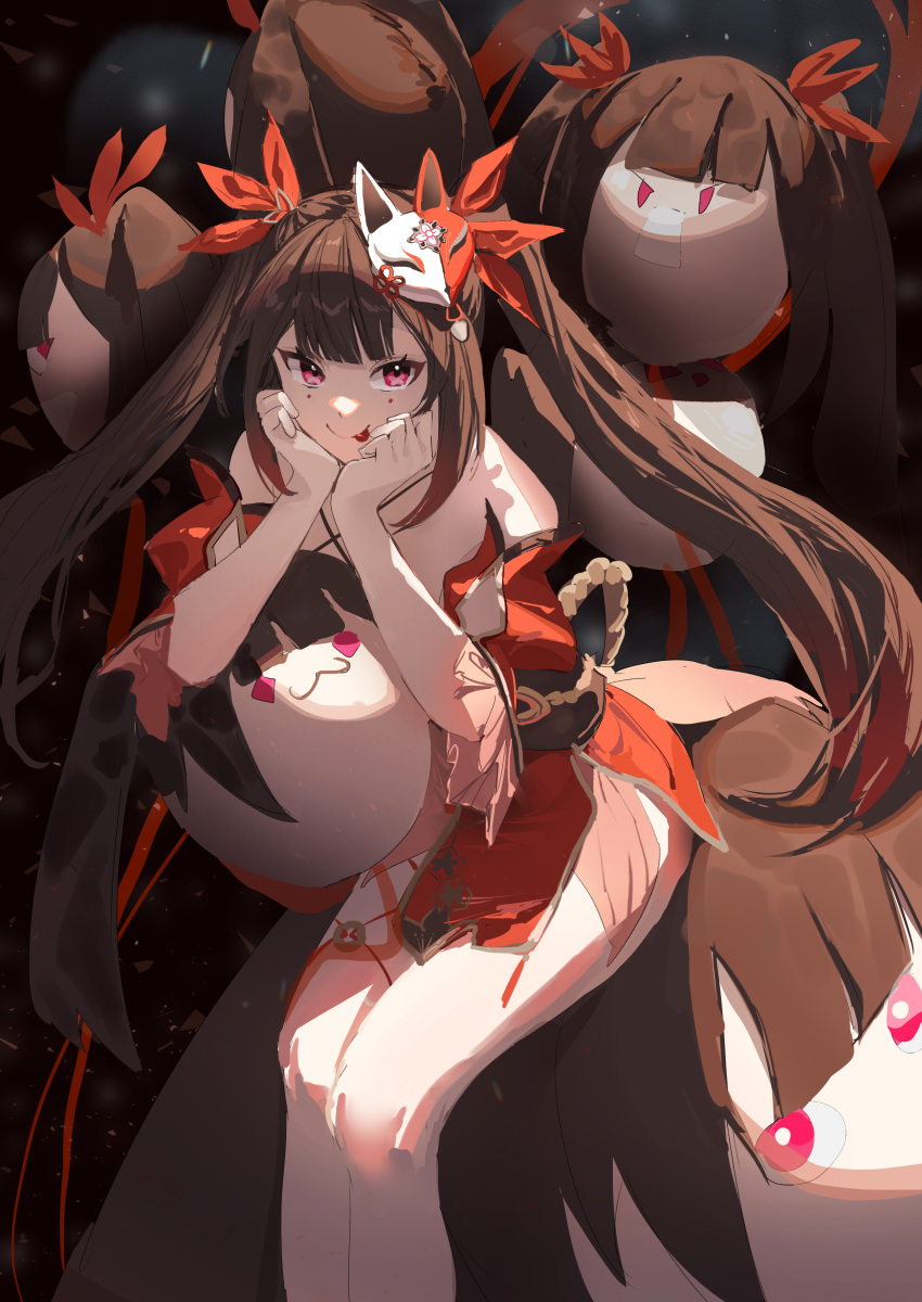 1girl :p absurdres bare_shoulders bow brown_hair character_doll closed_mouth criss-cross_halter detached_sleeves dress feet_out_of_frame floating_hair fox_mask gradient_hair hair_bow halterneck hands_on_own_cheeks hands_on_own_face highres honkai:_star_rail honkai_(series) leaning_forward legs_together long_hair looking_at_viewer mask mask_on_head miaooon multicolored_hair obi pelvic_curtain pink_eyes red_bow red_dress red_hair red_sleeves sash short_dress short_sleeves sitting sleeveless sleeveless_dress smile solo sparkle_(honkai:_star_rail) thighs tongue tongue_out twintails very_long_hair