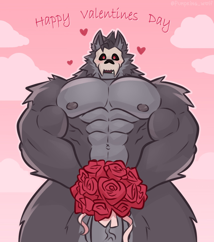 2024 abs absurd_res anthro areola artist_name balls biceps black_hair bouquet canid canine canis cloud dialogue english_text flaccid flower flower_bouquet front_view fur genitals grey_areola grey_balls grey_body grey_ears grey_fur grey_inner_ear grey_penis hair heart_symbol hearts_around_head hi_res holidays looking_at_viewer looking_down looking_down_at_viewer low-angle_view mako_(pumpking_wolf) male male_anthro mammal mask muscular muscular_anthro muscular_male navel nude nude_anthro nude_male open_mouth outline outside pecs penis pink_ribbon pink_sky plant pumpking_wolf red_eyes red_text ribbons rose_(flower) skull_mask sky solo talking_to_viewer teeth text valentine's_day vein veiny_penis white_mask white_outline wolf