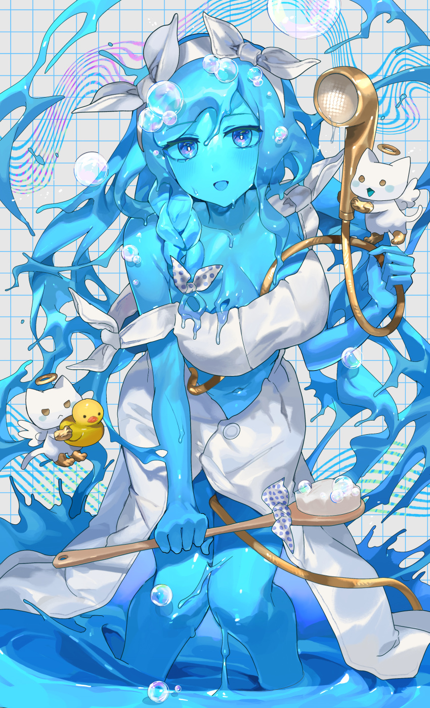1girl :d absurdres blue_eyes blue_hair blue_skin blush bow braid breasts cat cleavage colored_skin hair_bow halo highres holding holding_brush holding_shower_head large_breasts long_hair looking_at_viewer midriff monster_girl original rubber_duck sakoku_(oyatsu3ji_) shower_head slime_girl smile soap_bubbles standing white_bow